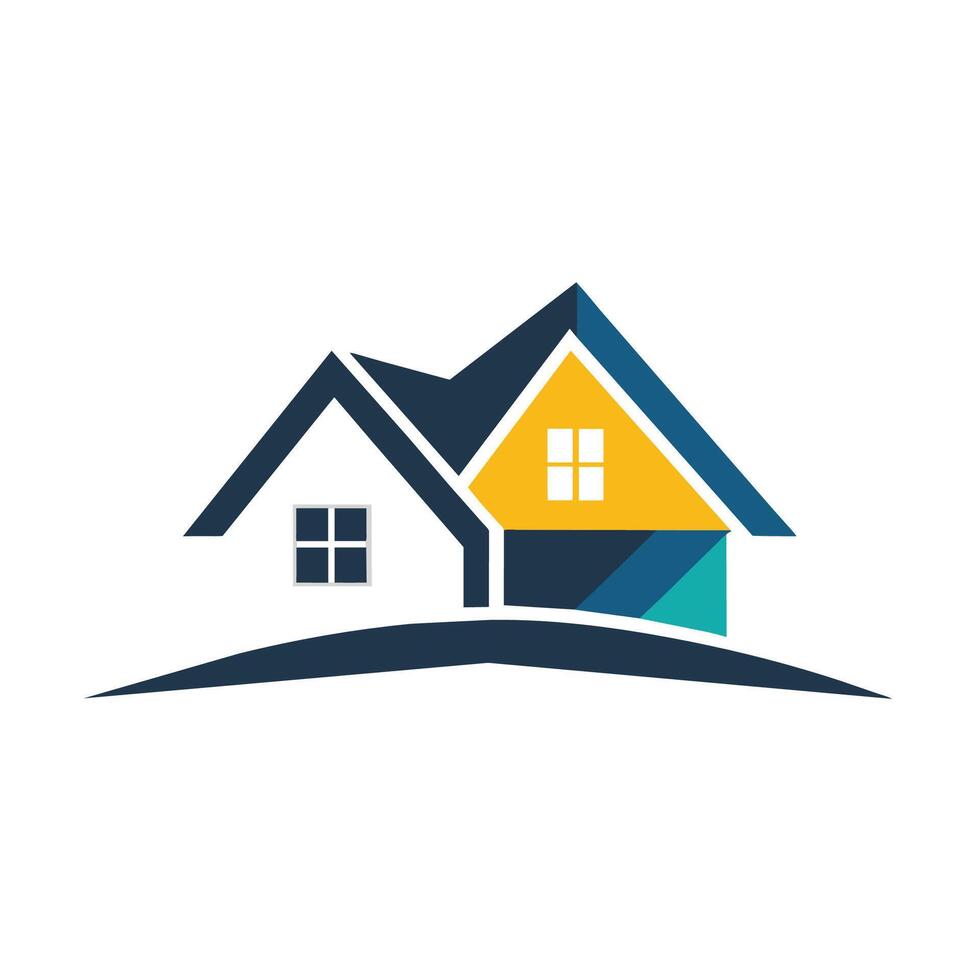 ein Haus mit ein Blau Dach und Gelb Fenster gegen ein klar Himmel, echt Nachlass Logo Design vektor