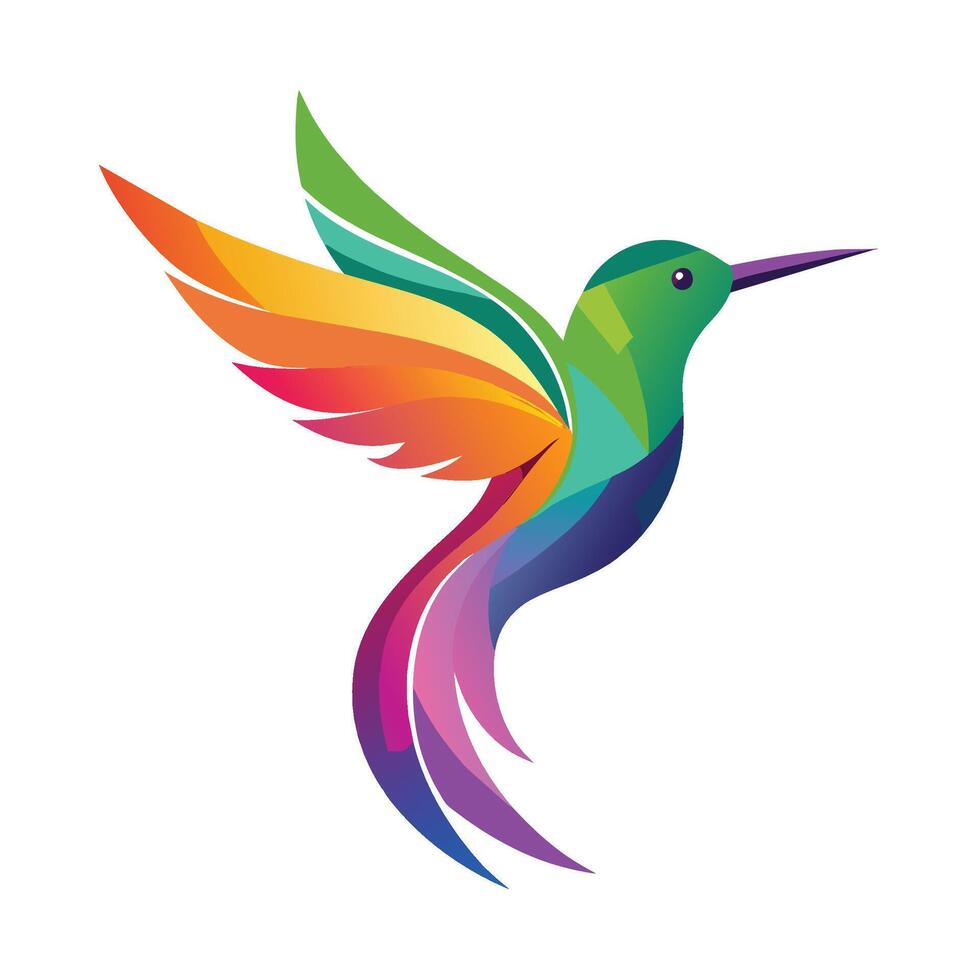 ein beschwingt Kolibri mit bunt Gefieder ist fliegend durch das Luft, beschwingt und bunt Kolibri Design, minimalistisch einfach modern Logo Design vektor