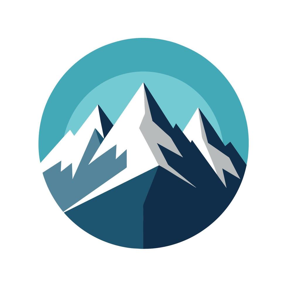 en berg topp täckt i snö omringad förbi en blå cirkel under en Häftigt Färg palett, snötäckt berg räckvidd i en Häftigt Färg palett, minimalistisk enkel modern logotyp design vektor