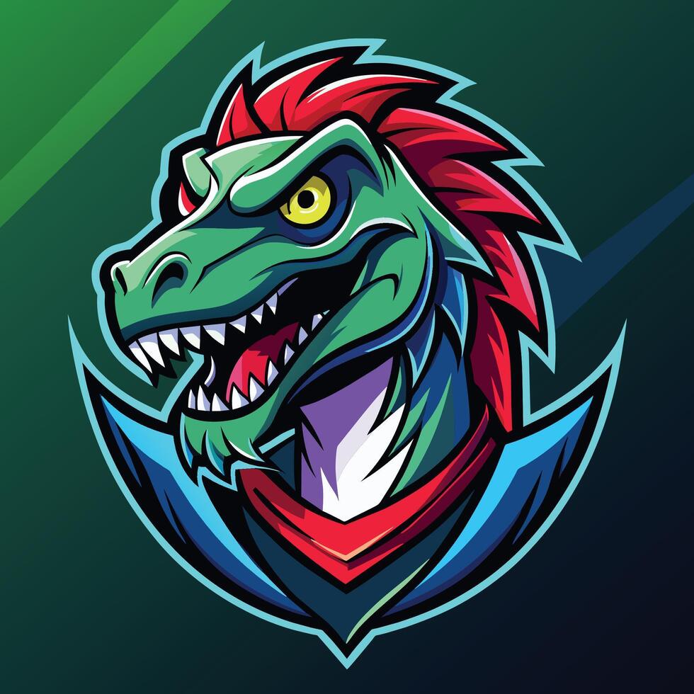 en drake huvud terar röd hår uppsättning mot en vibrerande grön bakgrund, raptor maskot logotyp gaming illustration vektor