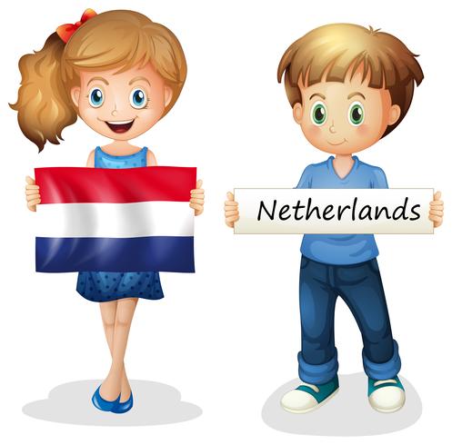Jungen und Mädchen mit Flagge der Niederlande vektor