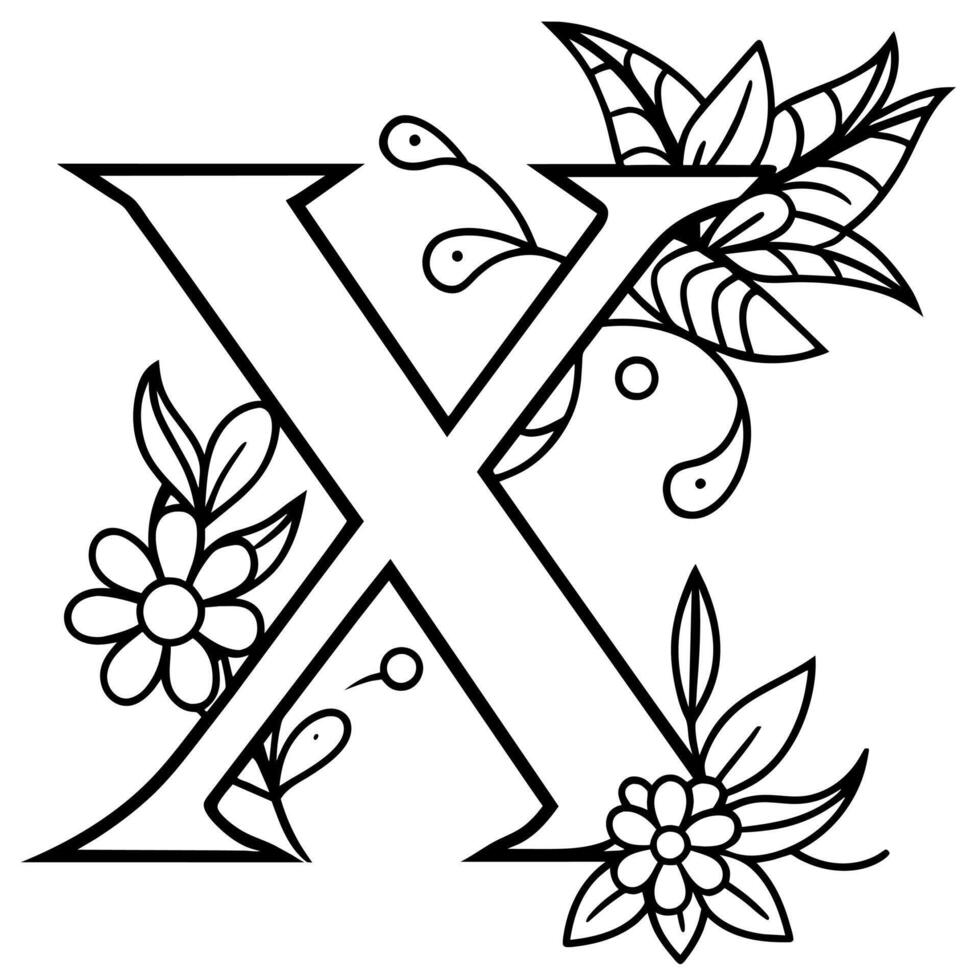 Alphabet x Färbung Seite mit das Blume, x Brief Digital Gliederung Blumen- Färbung Buchseite, ABC Färbung Seite vektor