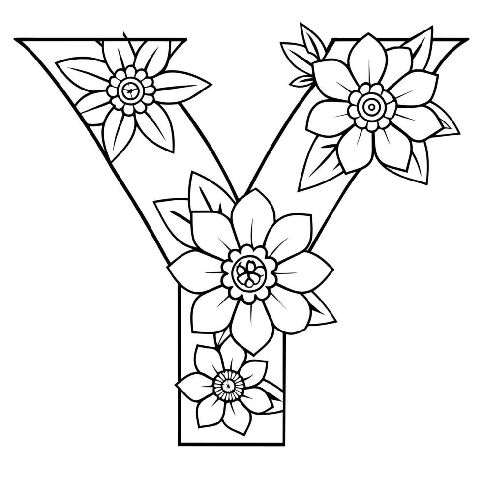 alfabet y färg sida med de blomma, y brev digital översikt blommig färg sida, ABC färg sida vektor