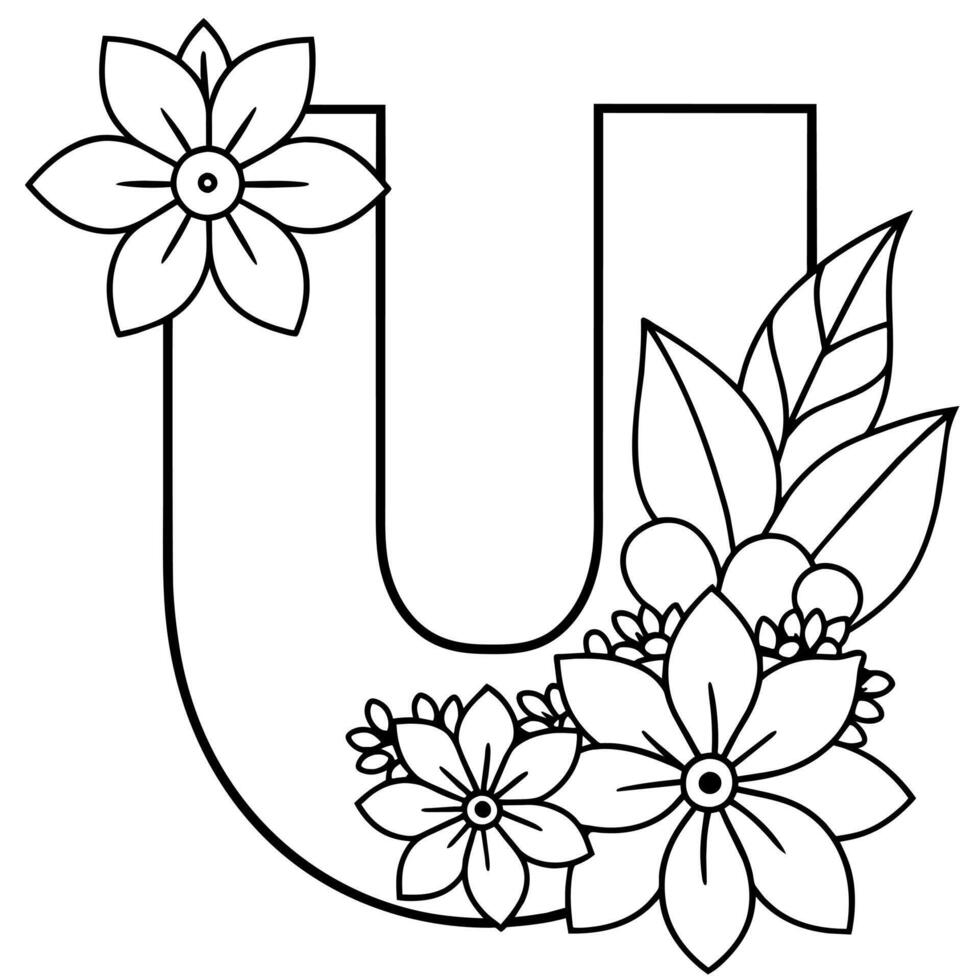Alphabet u Färbung Seite mit das Blume, u Brief Digital Gliederung Blumen- Färbung Buchseite, ABC Färbung Seite vektor