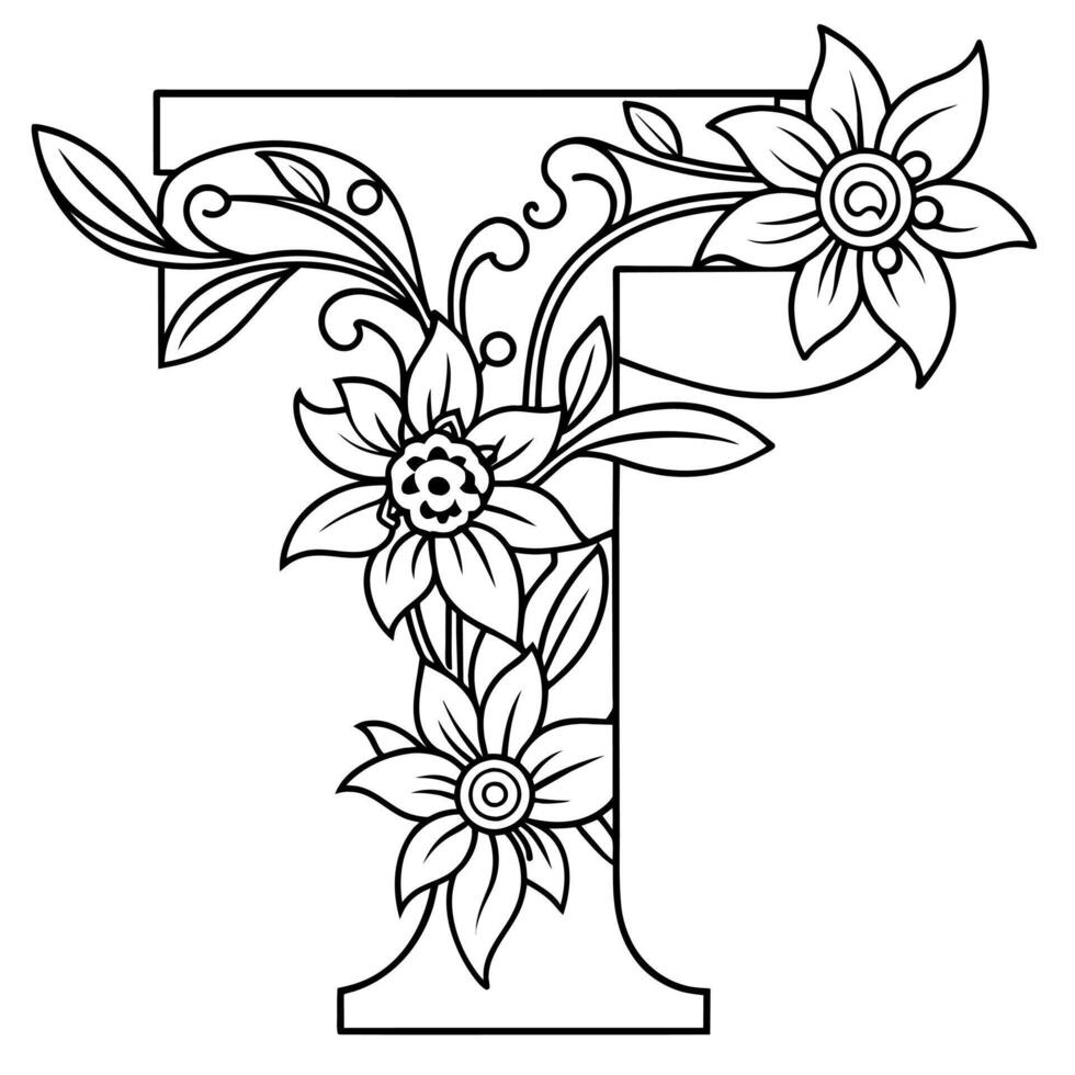 Alphabet t Färbung Seite mit das Blume, t Brief Digital Gliederung Blumen- Färbung Buchseite, ABC Färbung Seite vektor