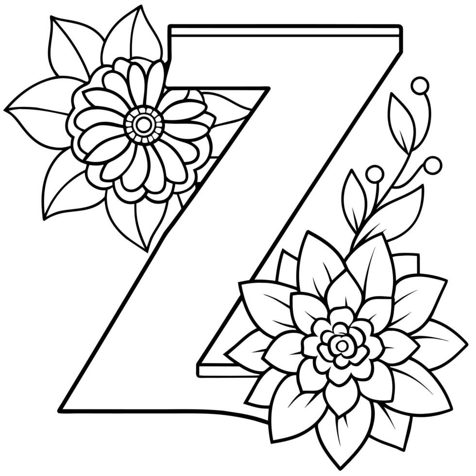 alfabet z färg sida med de blomma, z brev digital översikt blommig färg sida, ABC färg sida vektor