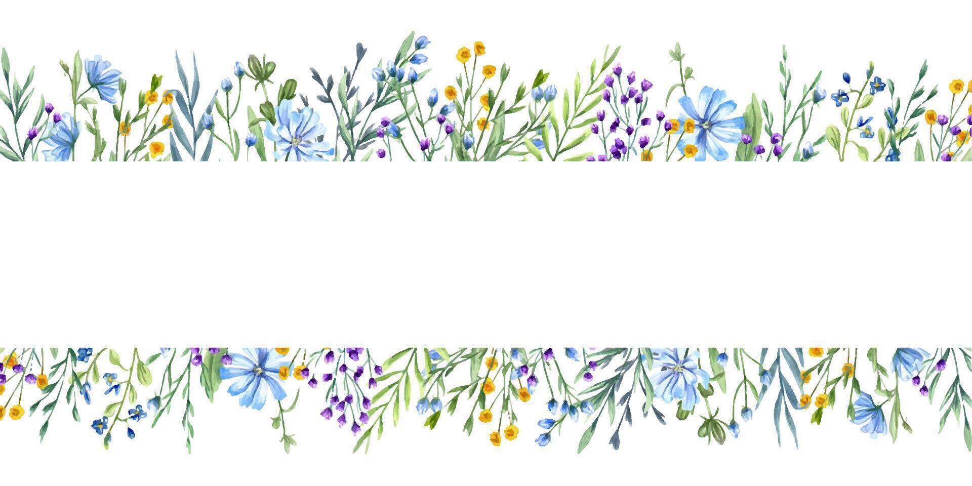 Wiese Blühen Pflanzen. lange horizontal Rahmen von Wildblumen. Gelb, Blau, lila Blumen und Grün. Kopieren Raum zum Text. Aquarell Illustration zum Grüße, Einladungen vektor