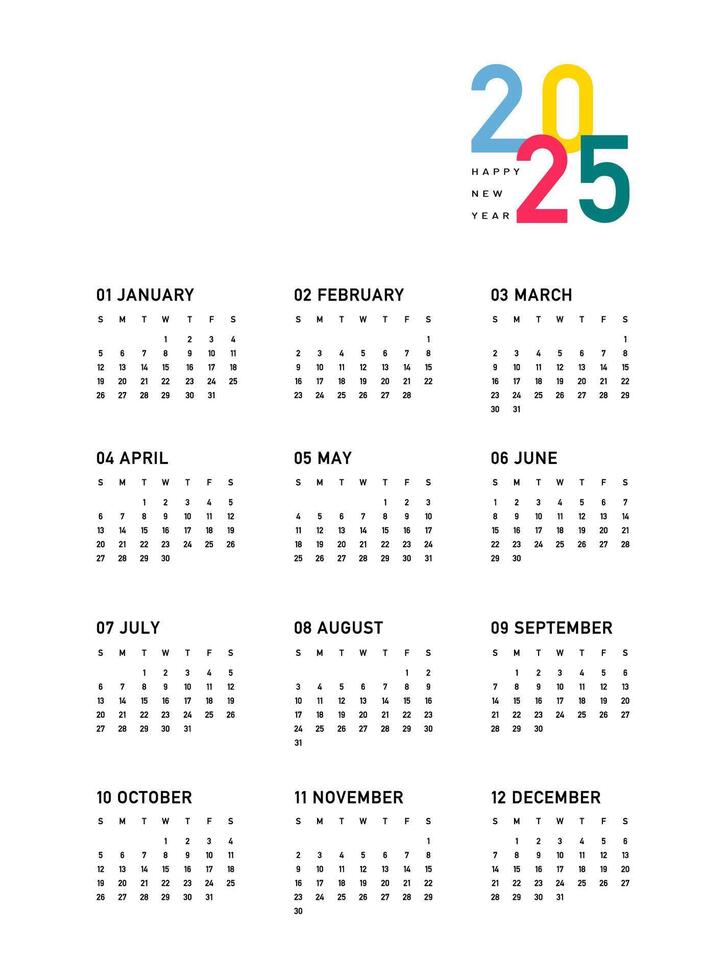 Kalender 2025, Woche beginnt auf Sonntag, auf Weiß Hintergrund mit farbig Beschriftung von das Jahr, Vorlage. Geschäft Kalender im ein minimalistisch Stil zum 2025 Jahr. vektor