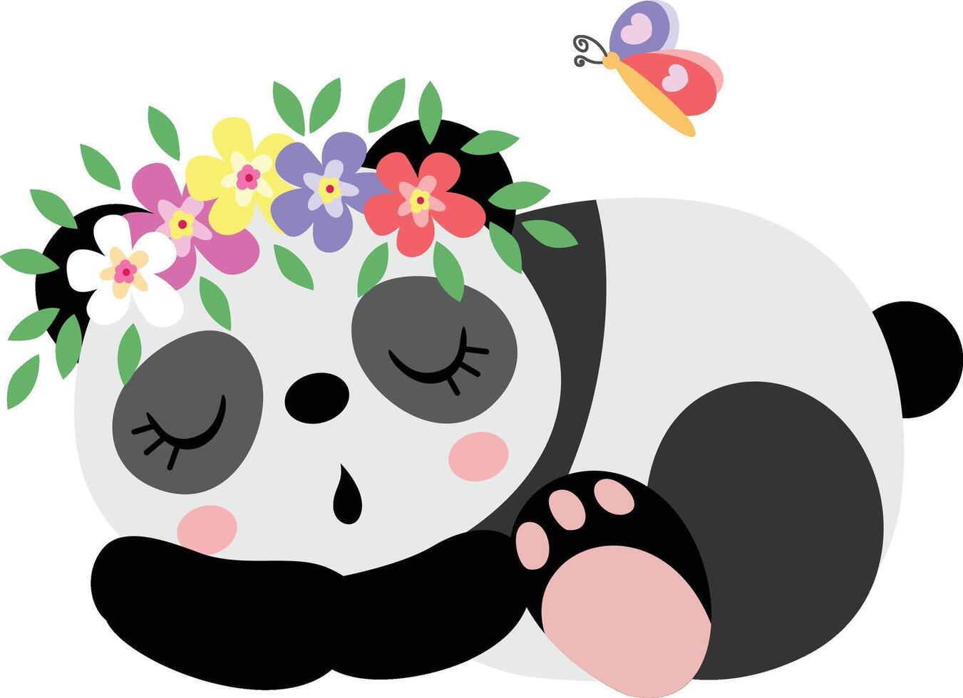 söt panda sovande med krans blommig på huvud vektor