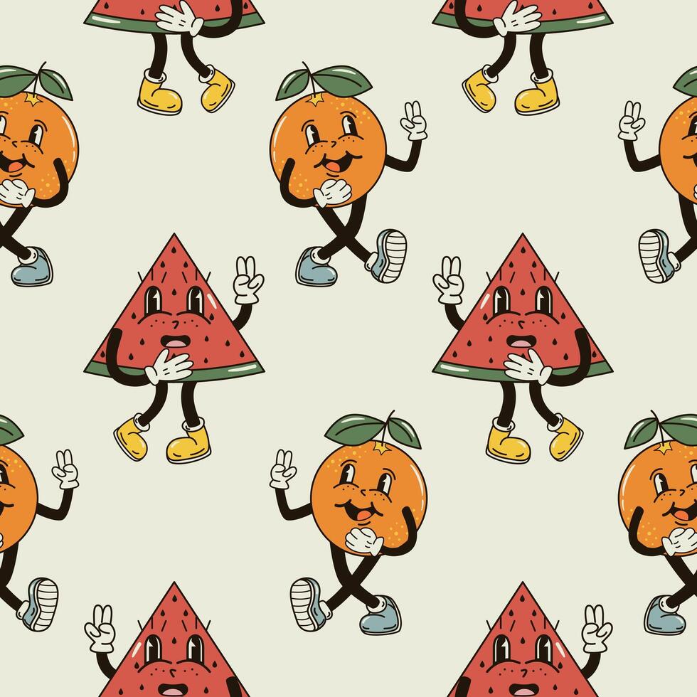 ein nahtlos Muster mit lustig, süß und lächelnd Orange und Wassermelone Charakter im ein groovig Stil vektor