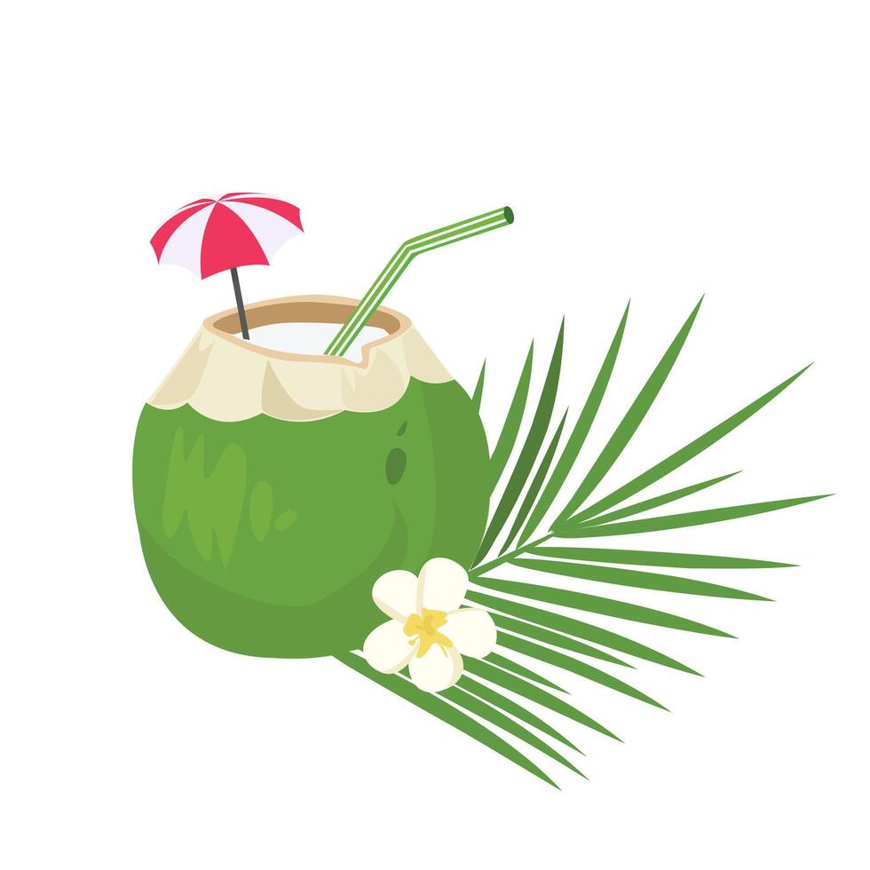 kokos dryck illustration. kokos cocktail klämma konst. Hej sommar . sommar element, sommar dryck. tecknad serie platt isolerat på vit bakgrund. vektor