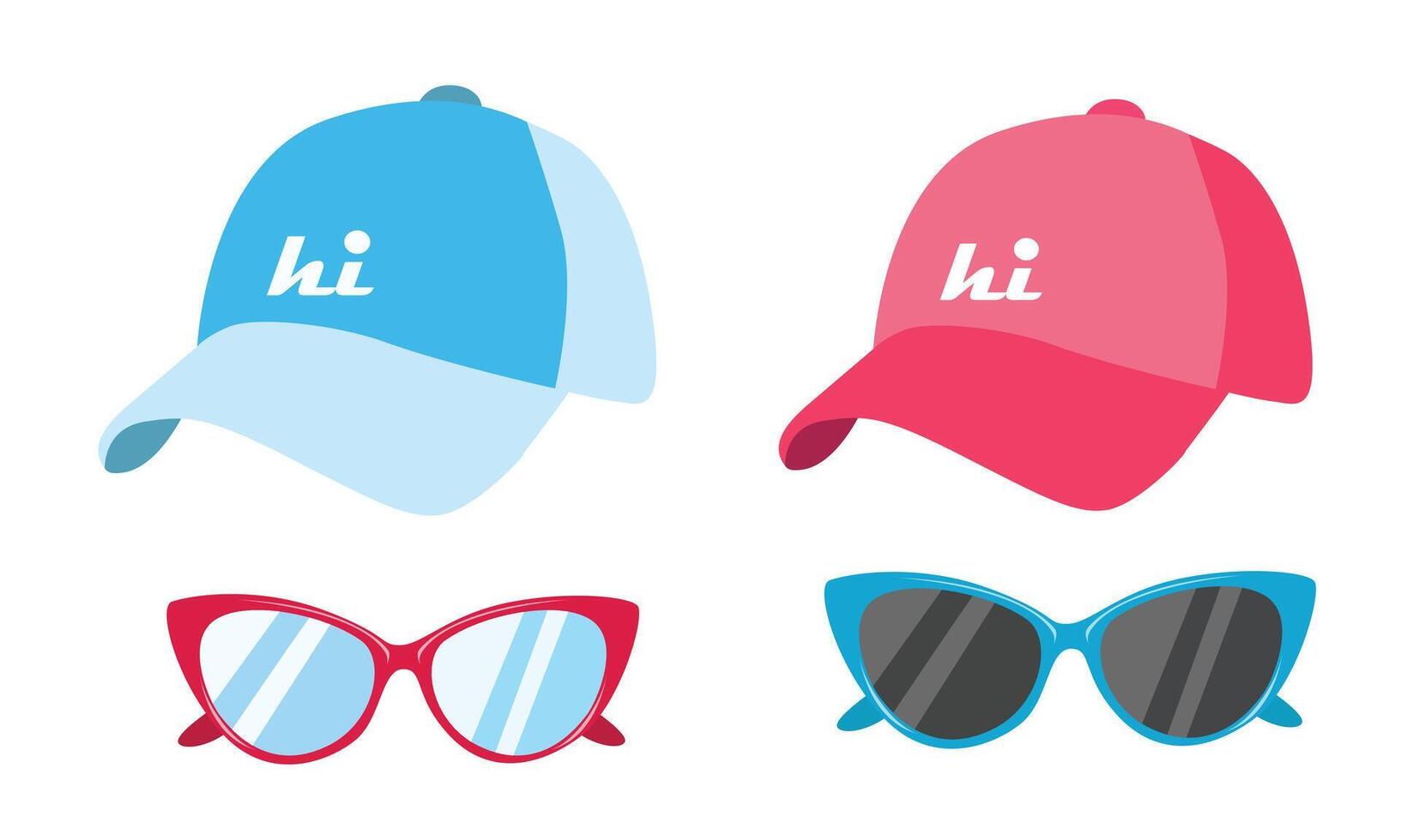 Baseball Deckel und Sonnenbrille Satz. Hut und Sonnenbrille Clip Art. Sommer- Element. Karikatur eben isoliert auf Weiß Hintergrund. vektor