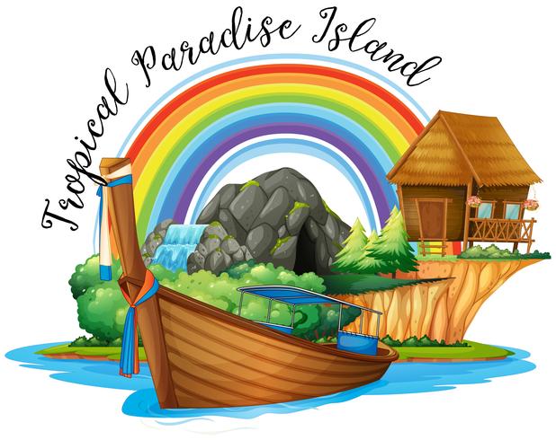 Sommerthema mit Häuschen und Boot auf der Insel vektor