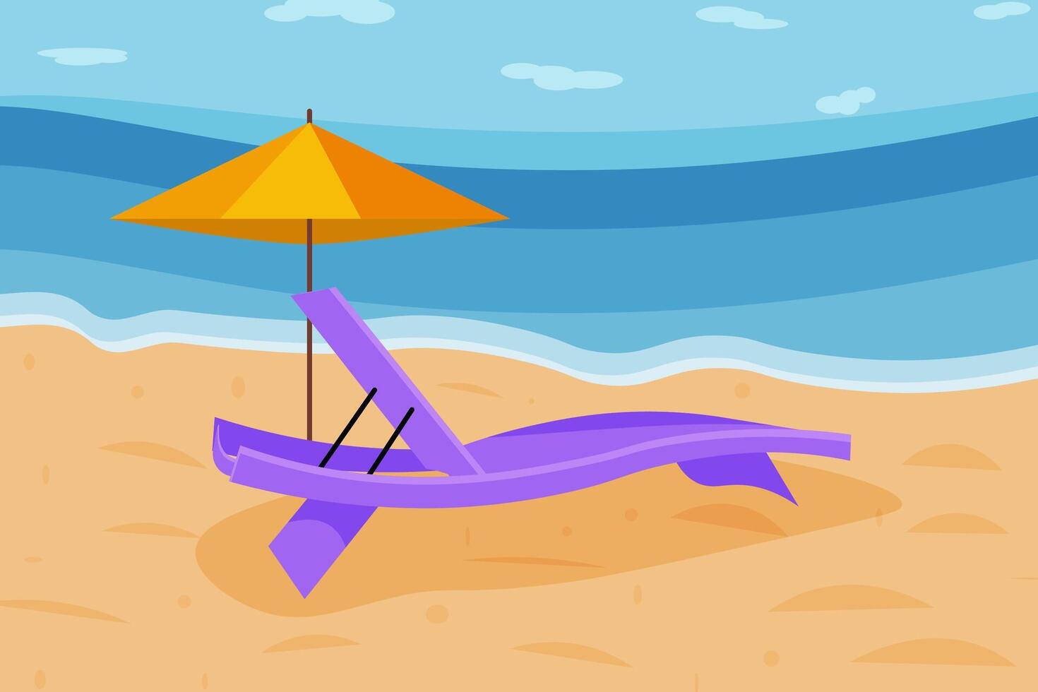 lila Deck Stuhl und Gelb Strand Regenschirm auf Strand. vektor