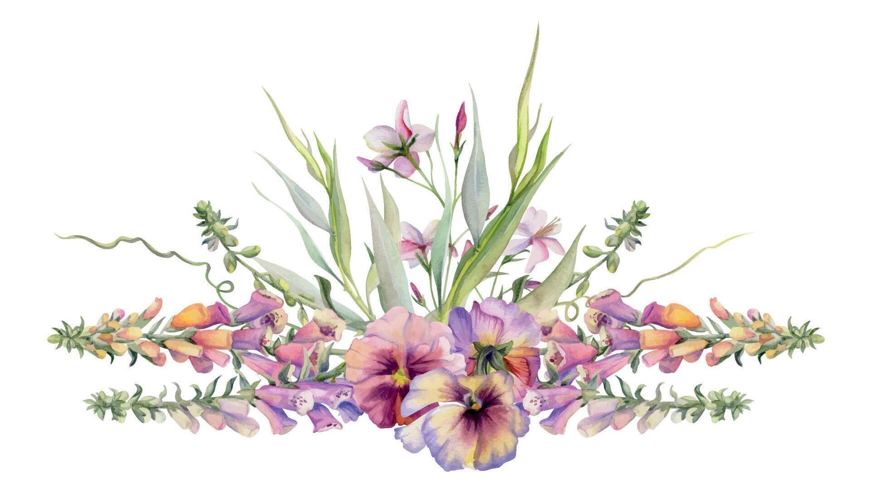 Hand gezeichnet Aquarell Illustration botanisch Blumen Blätter. Fingerhut Löwenmaul Lupine, mauve Stiefmütterchen Viola, Weide Eukalyptus Geäst, Akelei. Strauß isoliert auf Weiß. Design Hochzeit, Liebe Karten vektor