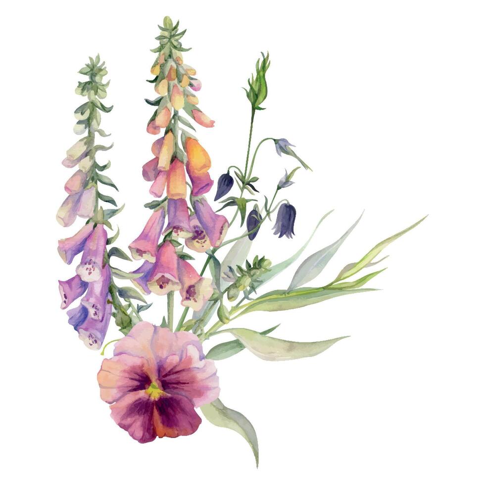 hand dragen vattenfärg illustration botanisk blommor löv. fingerborgs lejongap lupin, mauve fikus altfiol, vide eukalyptus grenar, akleja. bukett isolerat på vit. design bröllop, kärlek kort vektor