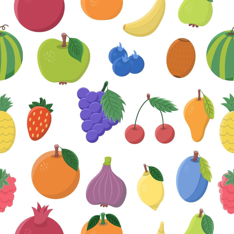 nahtlos Muster mit anders Früchte - - Apfel, Himbeere, Birne, Erdbeere, Mango, Banane, Pflaume, Blaubeere und Andere. vektor