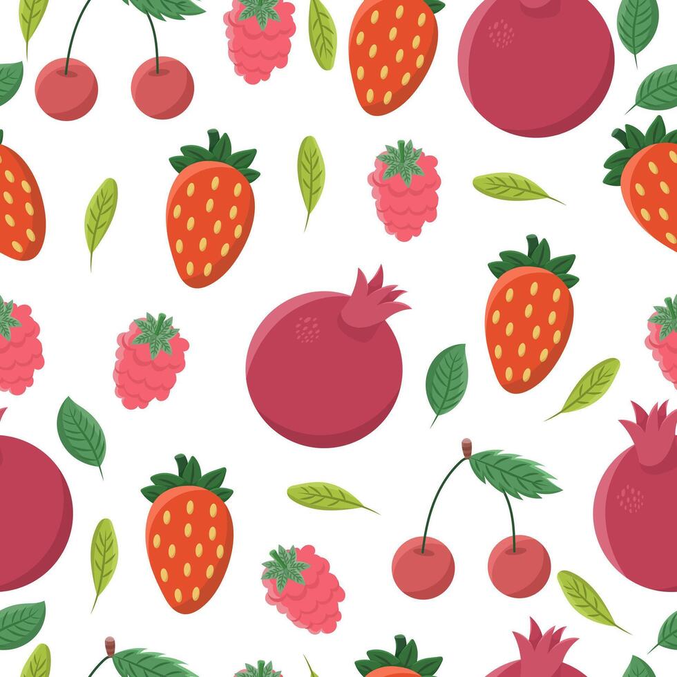 sömlös mönster eller bakgrund med frukt - jordgubbar, hallon, granatäpplen, körsbär på en vit bakgrund. vektor