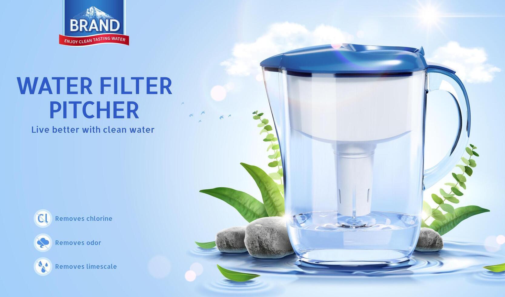 3d Wasser Filter Krug Anzeige Vorlage. Plastik Krug Attrappe, Lehrmodell, Simulation angezeigt auf Welligkeit Wasser Oberfläche mit Steine und natürlich Blätter. bleiben hydratisiert Konzept. vektor