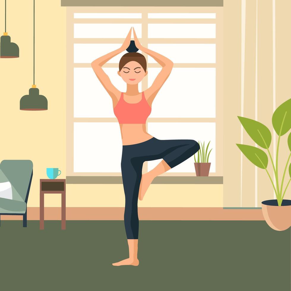 eben Design Illustration von Frau ist üben Yoga Pose Sport Meditation beim Zuhause vektor