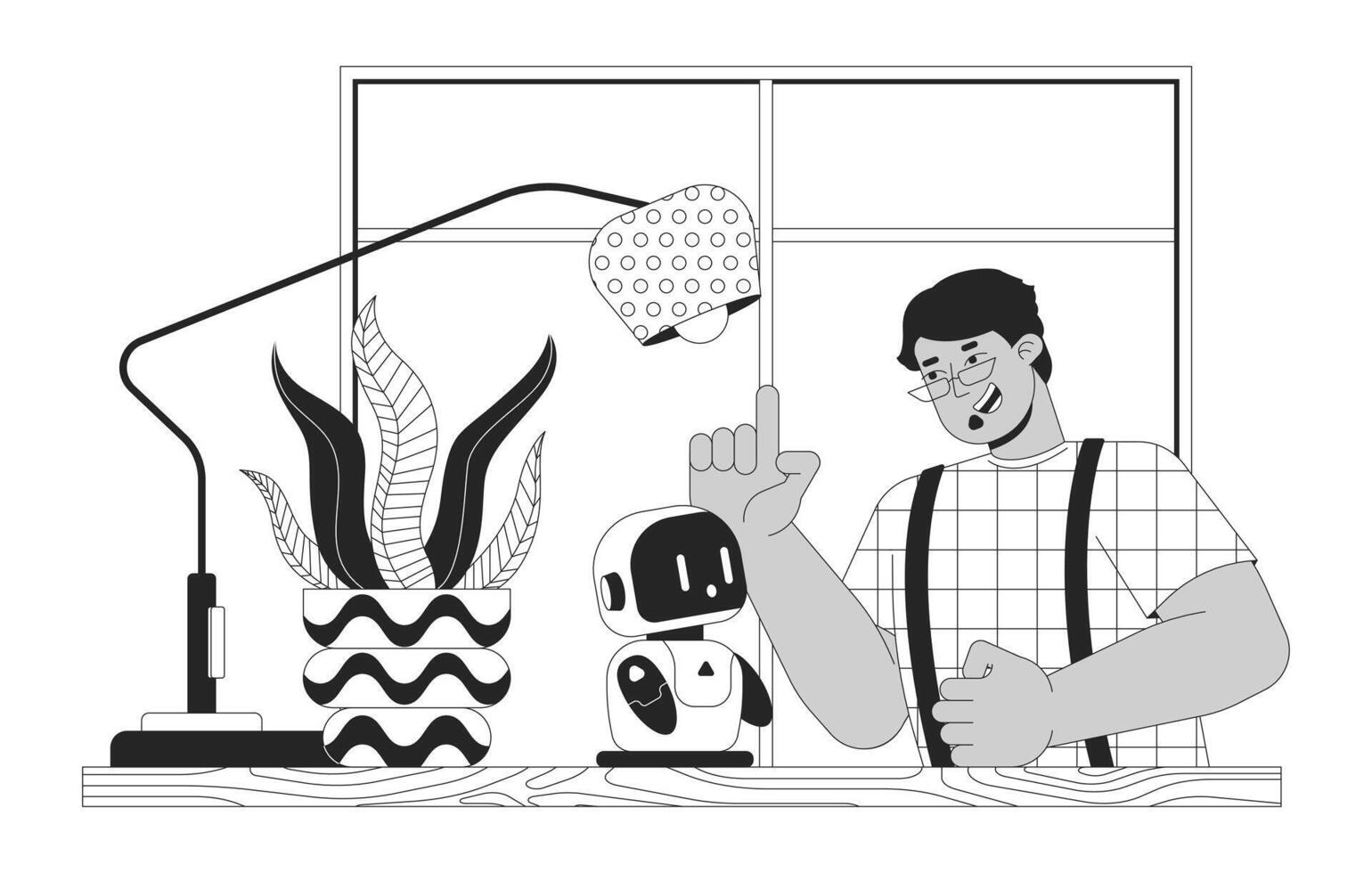 arab man talande till små robot vän svart och vit tecknad serie platt illustration. skrivbordet följeslagare robot 2d linjekonst tecken isolerat. teknologi dagligen liv svartvit scen översikt bild vektor
