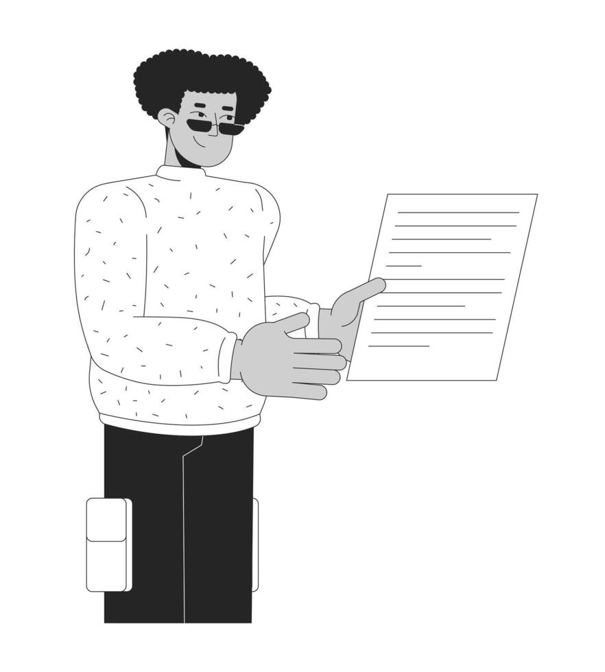 Latein amerikanisch Mann halten Papier schwarz und Weiß 2d Linie Karikatur Charakter. männlich Büro Arbeiter mit dokumentieren isoliert Gliederung Person. Papierkram Steuerung monochromatisch eben Stelle Illustration vektor