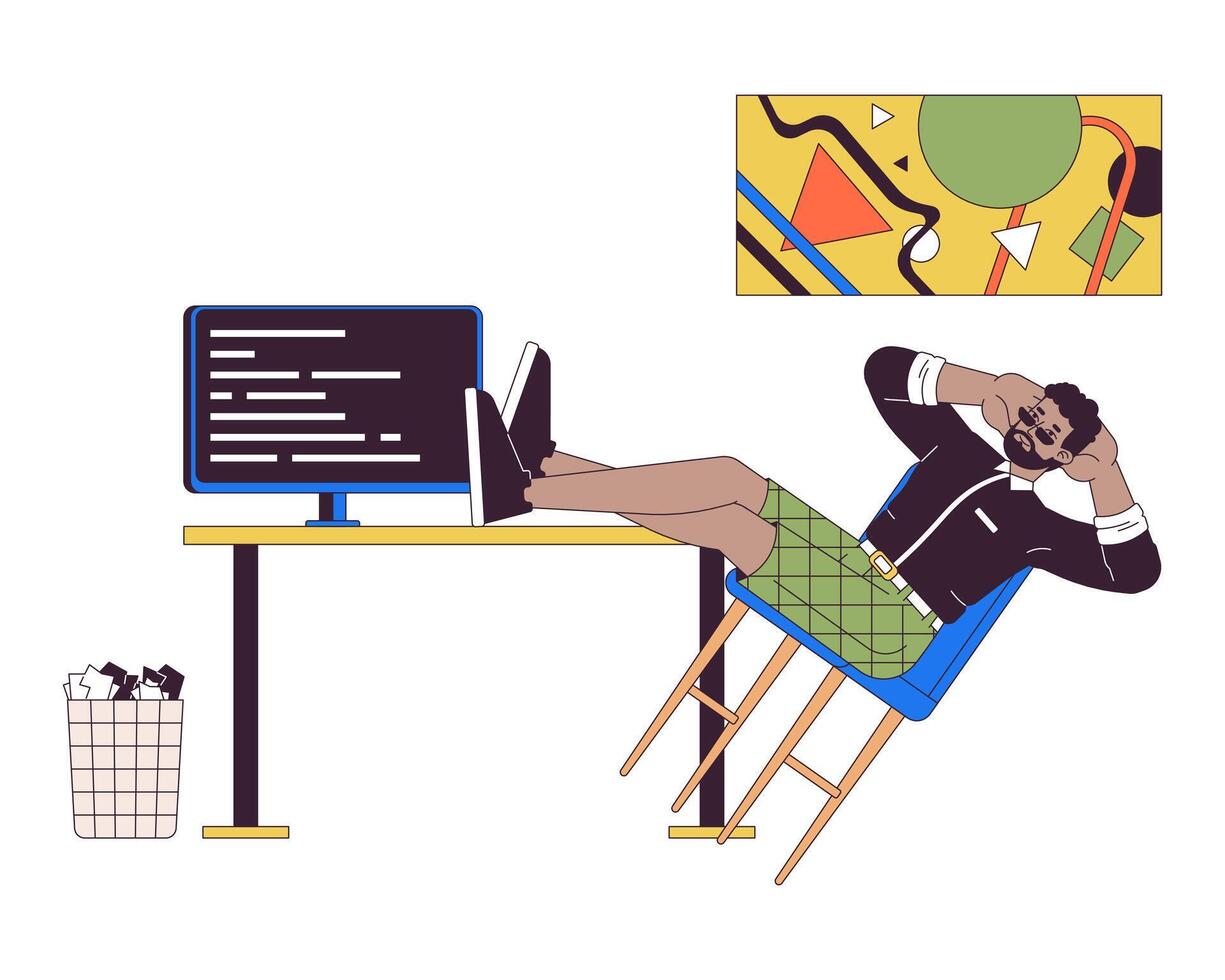 Software Entwickler ruhen beim Arbeitsplatz 2d linear Karikatur Charakter. schwarz männlich Netz Designer beim Zuhause Büro isoliert Linie Person Weiß Hintergrund. gemütlich Arbeit Farbe eben Stelle Illustration vektor