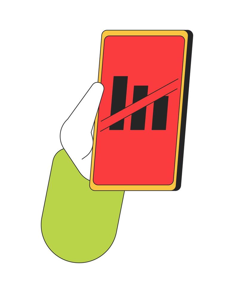 Nej telefon signal linjär tecknad serie karaktär hand illustration. osammanhängande mobiltelefon översikt 2d bild, vit bakgrund. mobil problem. Nej förbindelse smartphone redigerbar platt Färg ClipArt vektor