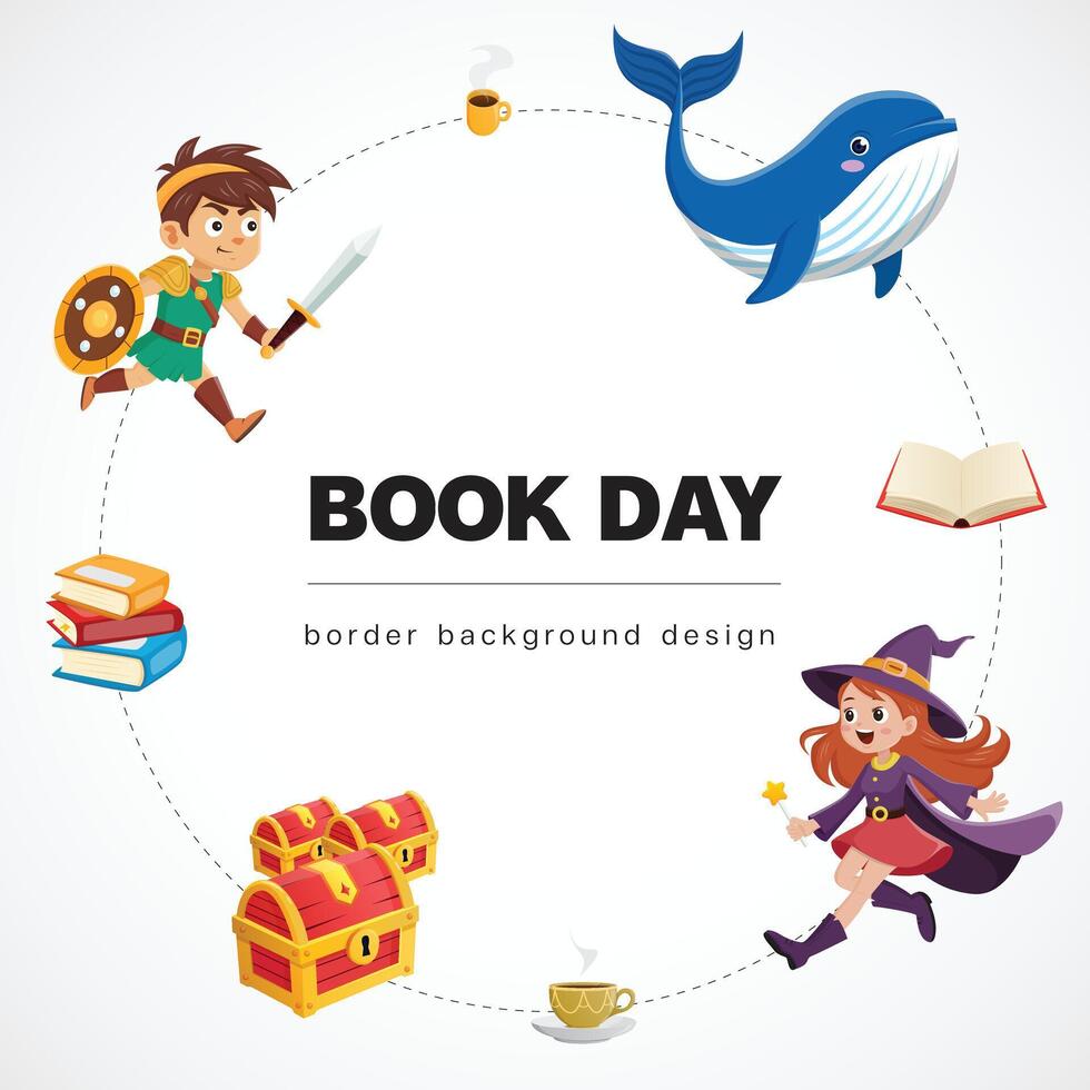 Welt Buch Tag Kinder lesen Fantasie Kreis Idee Phantasie Wissen Bildung glücklich Karikatur Weiß Rand Hintergrund Design vektor