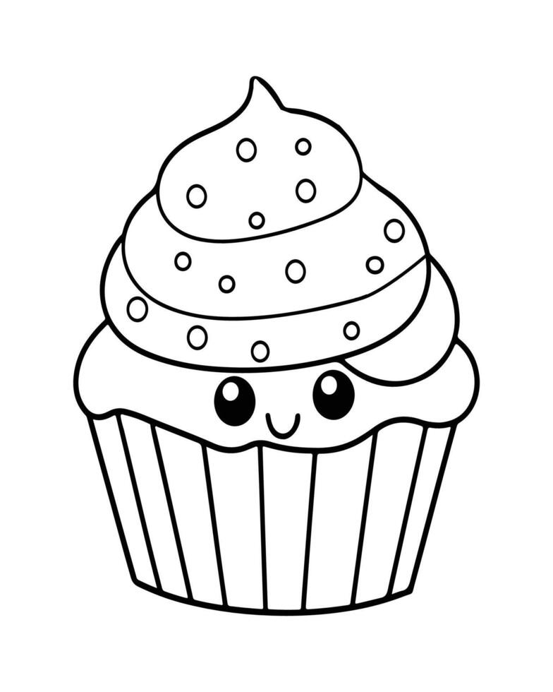 süß kawaii Cupcake Färbung Seiten, Cupcake Illustration, Cupcake schwarz und Weiss, Cupcake eben Design, Kuchen Kunst. vektor