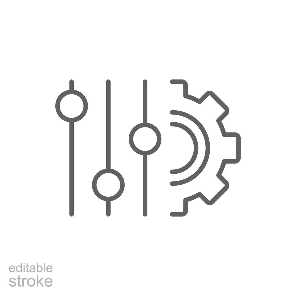 Panel die Einstellungen Symbol. einfach Gliederung Stil. Equalizer Optionen, Vorlieben, arbeiten, Gang, Werkzeug, Zahnrad, Zahn, eben, Technologie Konzept. dünn Linie Symbol. isoliert. editierbar Schlaganfall. vektor