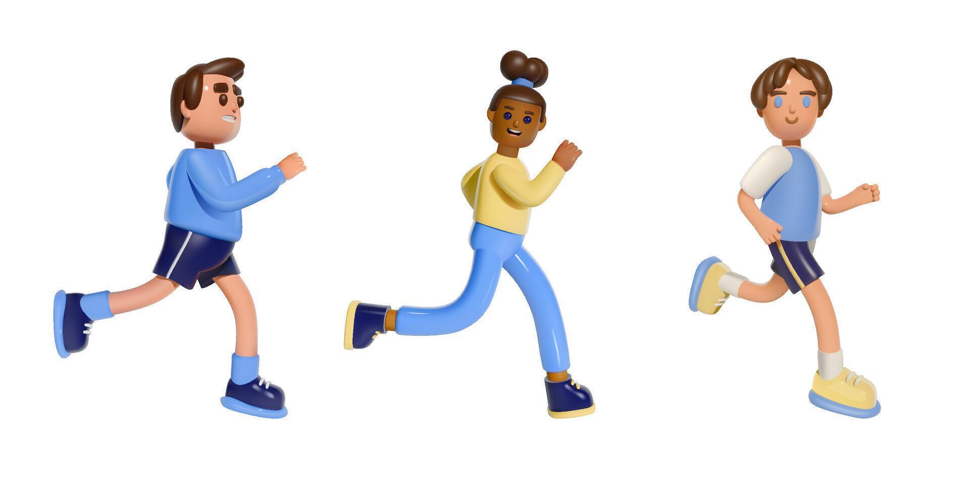 drei Karikatur Personen Betrieb. 3d Illustration von vielfältig Menschen Joggen. gesund Lebensstil und Fitness Konzept. Ganzkörper Charakter Design. vektor