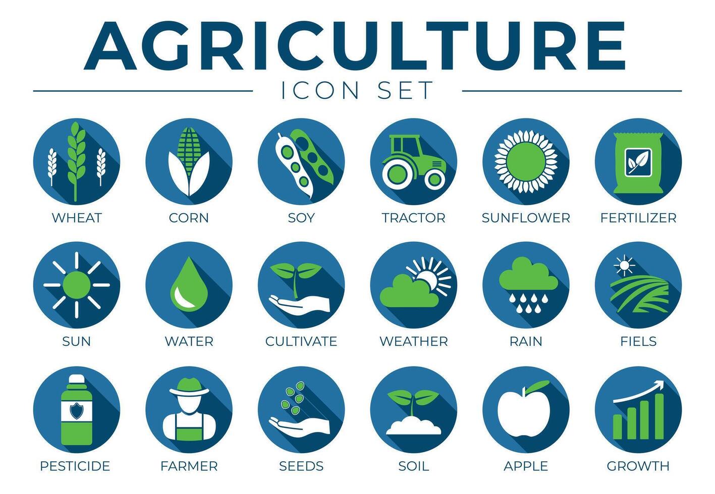 Blau Landwirtschaft runden Symbol einstellen von Weizen, Mais, Soja, Traktor, Sonnenblume, Dünger, Sonne, Wasser, pflegen, Wetter, Regen, Felder, Pestizid, Bauer, Samen, Boden, Apfel, Wachstum Symbole. vektor