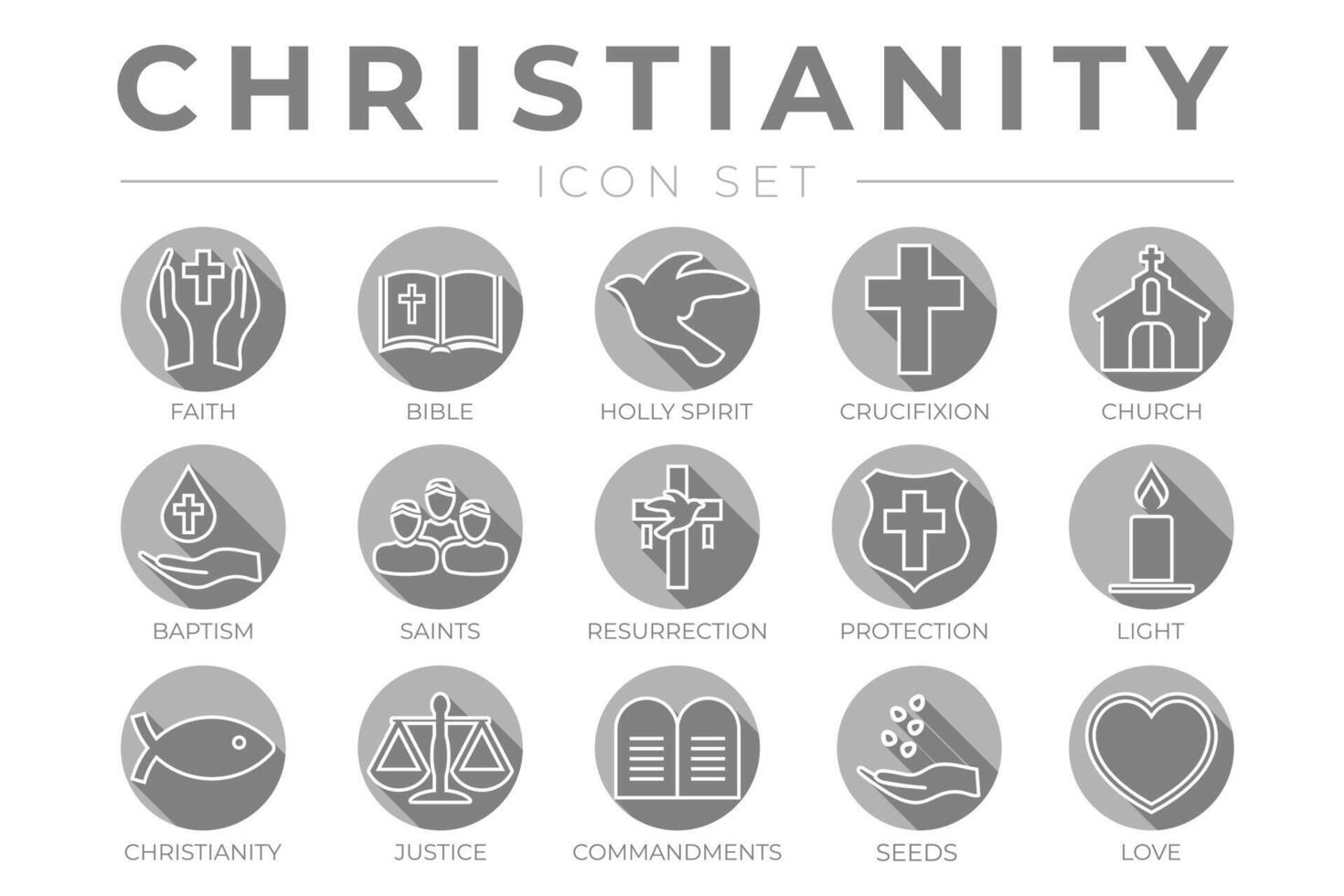 runda översikt kristendomen ikon uppsättning med tro, bibel, crucifixion , dop, kyrka, uppståndelse, helig anda, helgon, bud, ljus, skydd, rättvisa, frön och kärlek tunn ikoner vektor