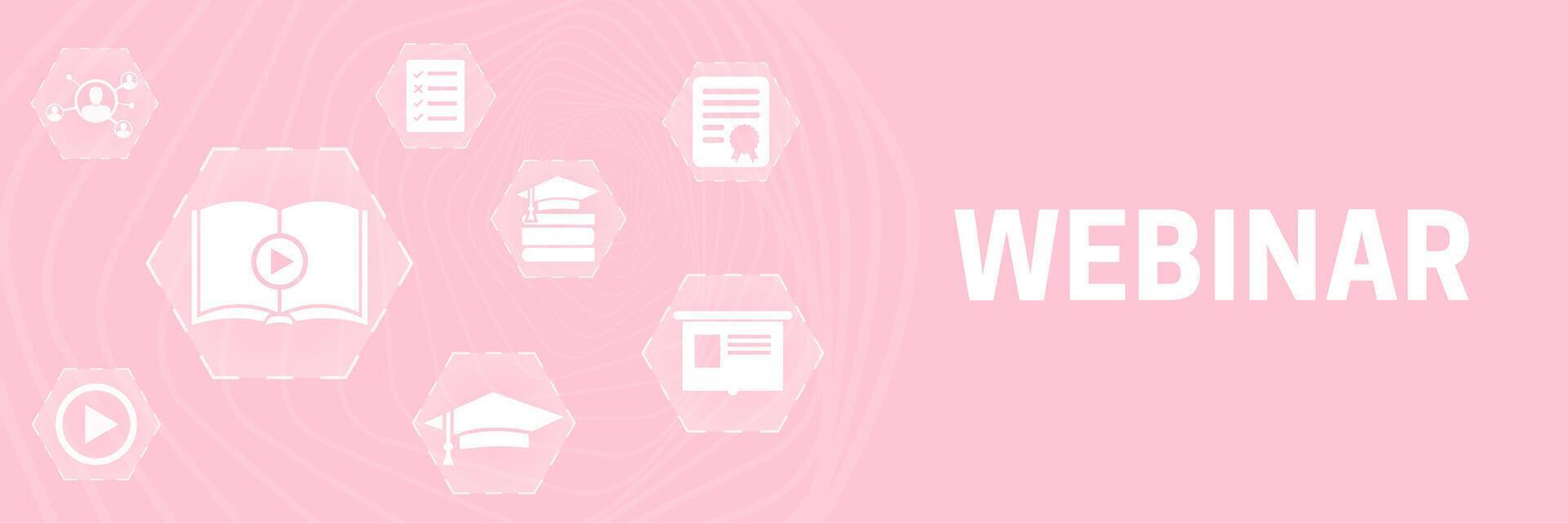 rosa webinar uppkopplad inlärning baner bakgrund med ikoner för kvinna seminarium vektor