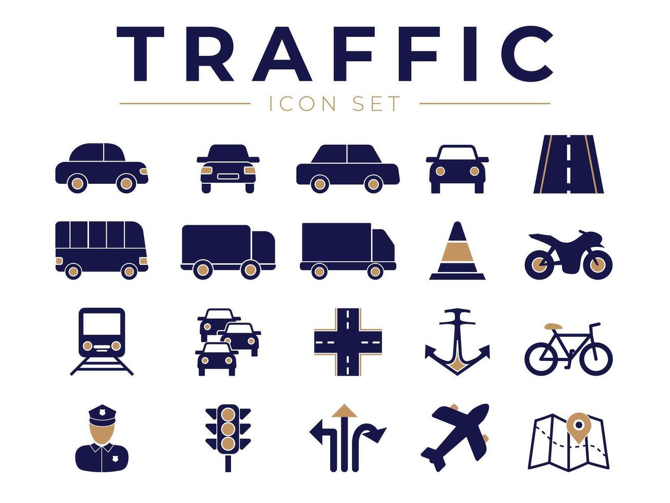 trafik ikon uppsättning med bil, lastbil, väg, motorcykel, cykel, tåg, flygplan, polis, marin, buss, Karta, lampor ikoner vektor
