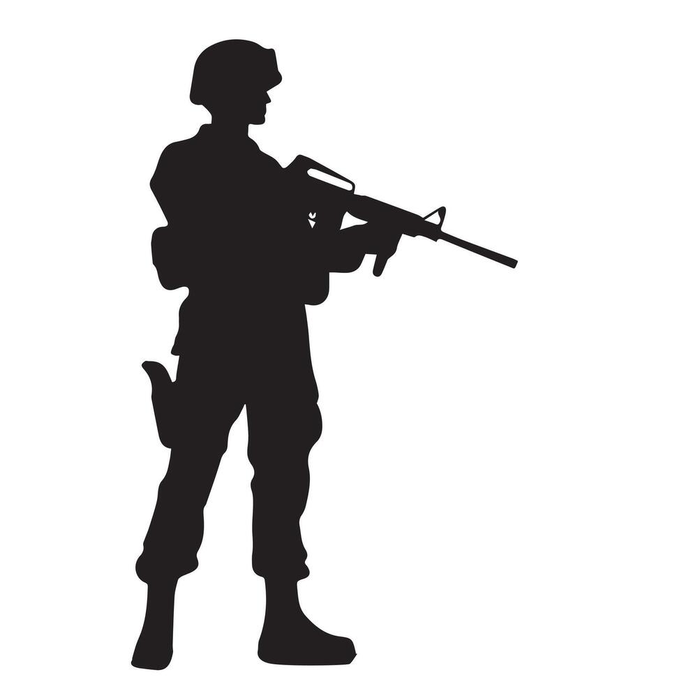 ein Soldat Silhouette Stehen bewachen Gewehr beim das bereit verkörpern Illustration vektor