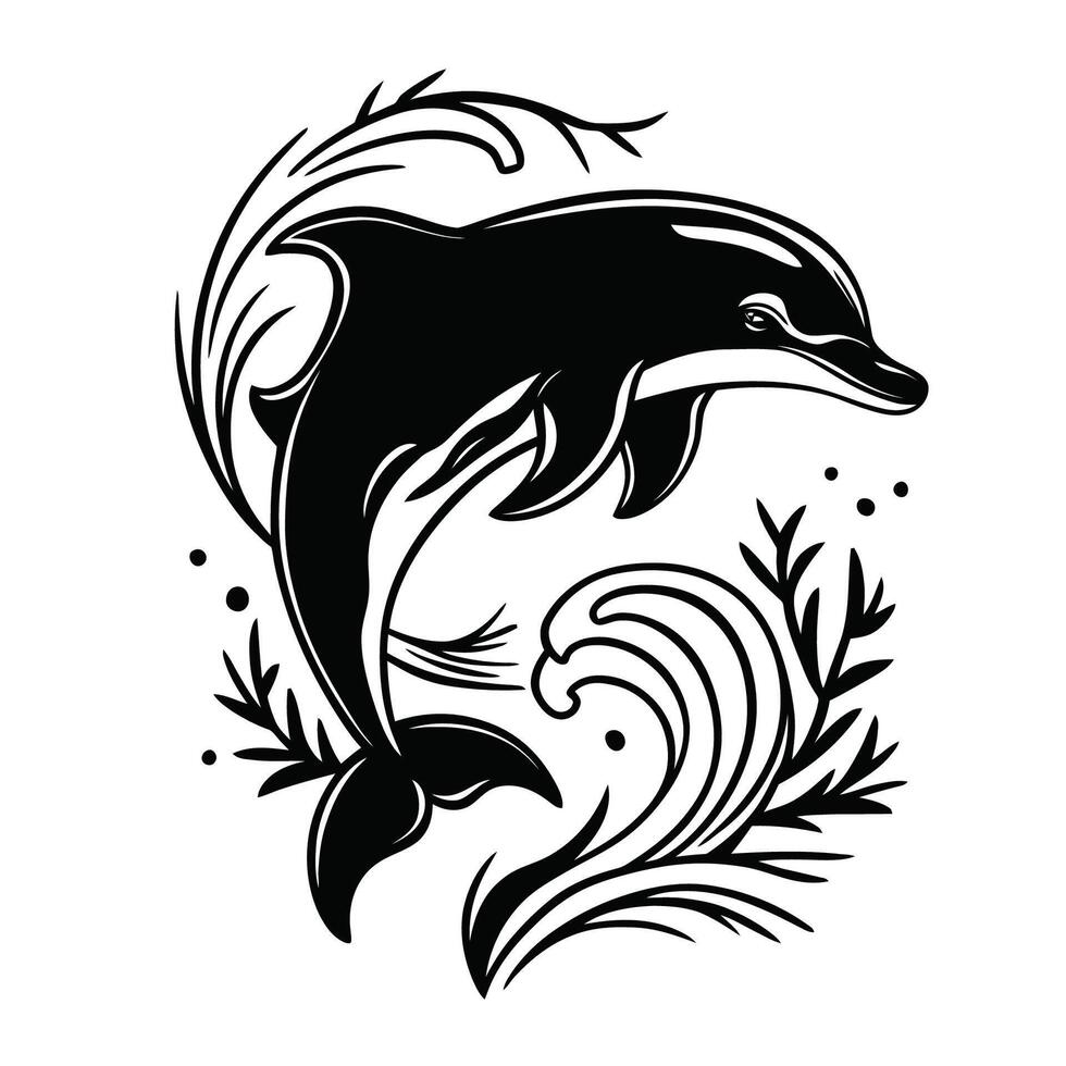 minimalistisch Illustration von ein glatt schwarz Delfin anmutig springen durch das Luft vektor