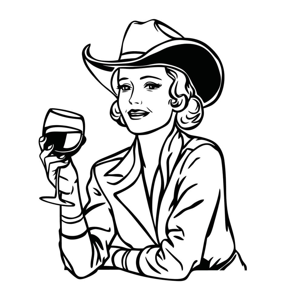 Jahrgang Linie Zeichnung von ein Dame tragen ein stilvoll Cowboy Hut und halten ein Wein Glas vektor