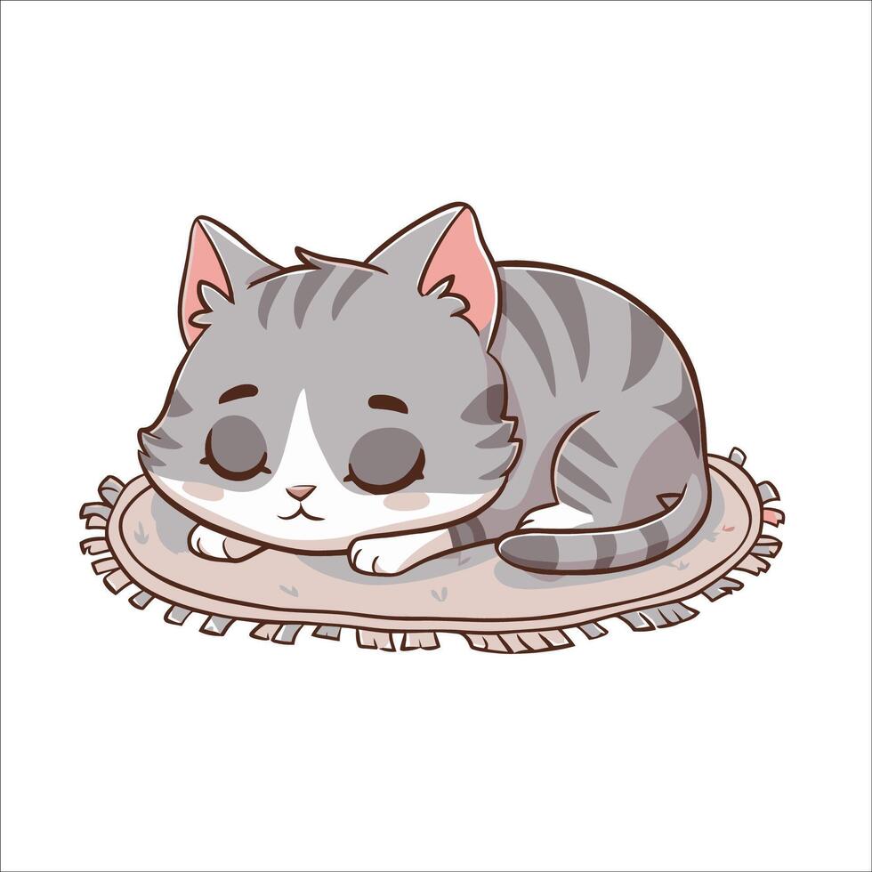 illustration av en söt tecknad serie grå katt, sovande lugnt på en mysigt matta vektor