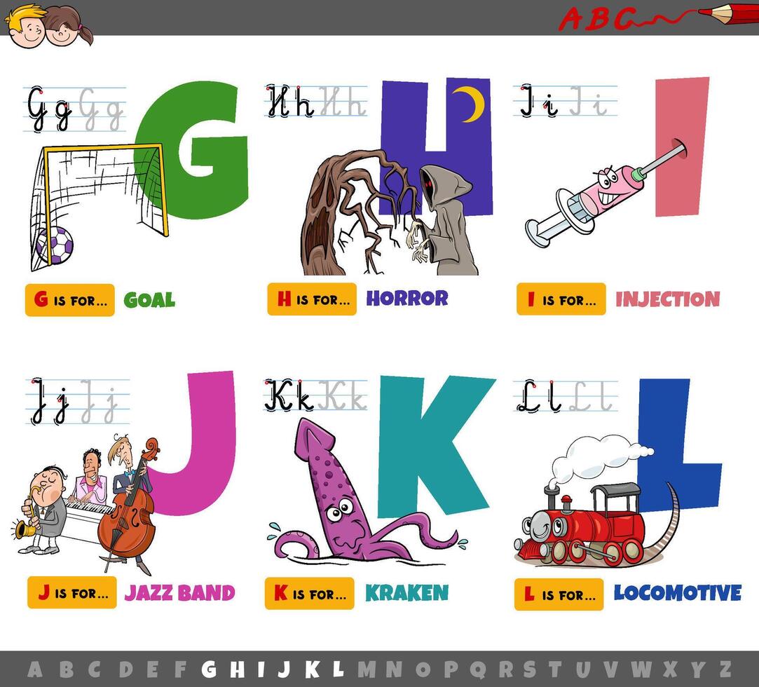 pädagogische Cartoon Alphabet Buchstaben für Kinder von g bis l vektor