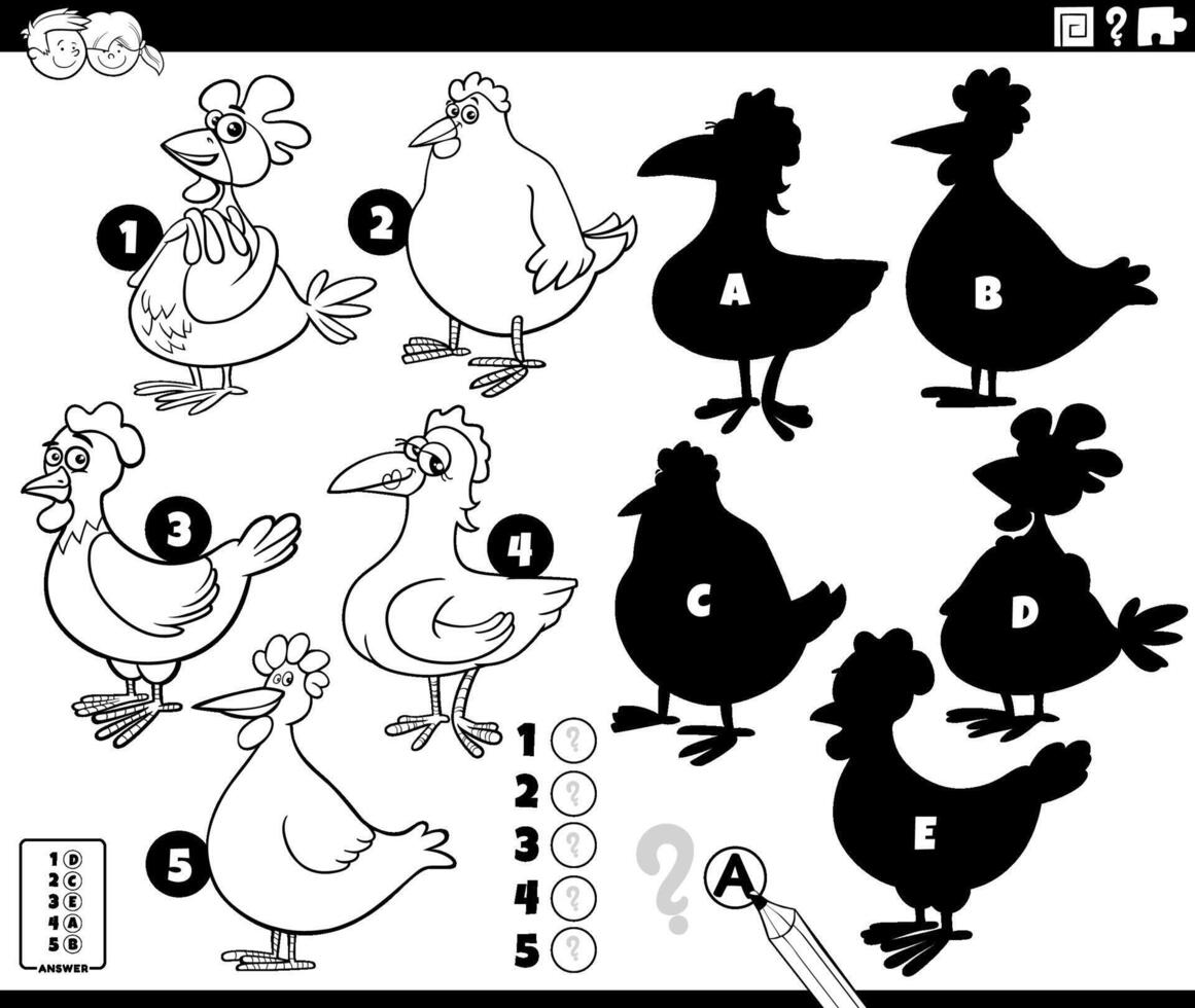 upptäckt skuggor spel med tecknad serie kycklingar färg sida vektor