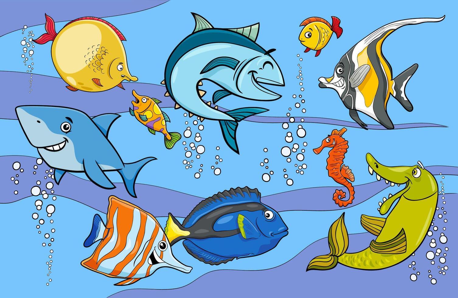 tecknad serie fisk och marin djur- tecken grupp vektor