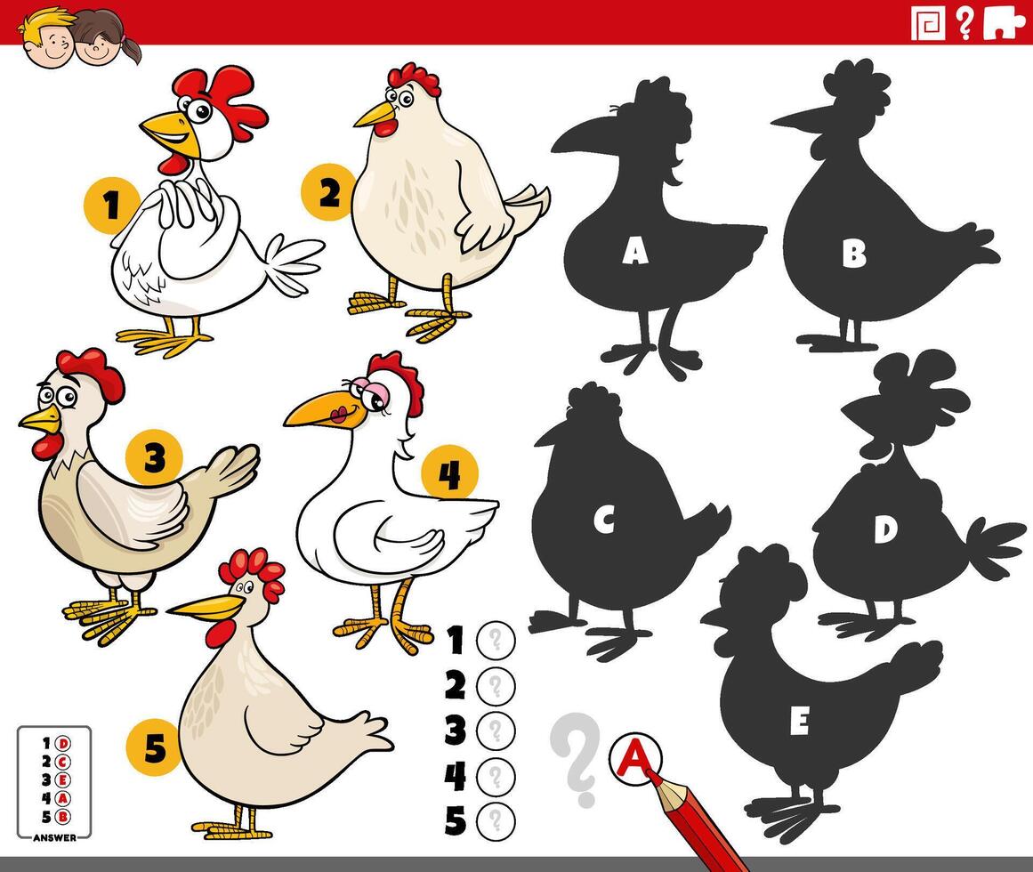 finden Schatten Spiel mit Karikatur Hühner Zeichen vektor