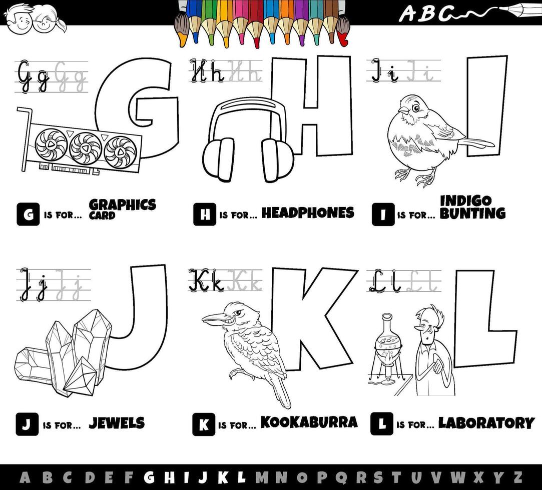 pedagogiska tecknade alfabetbokstäver från g till l målarbok vektor