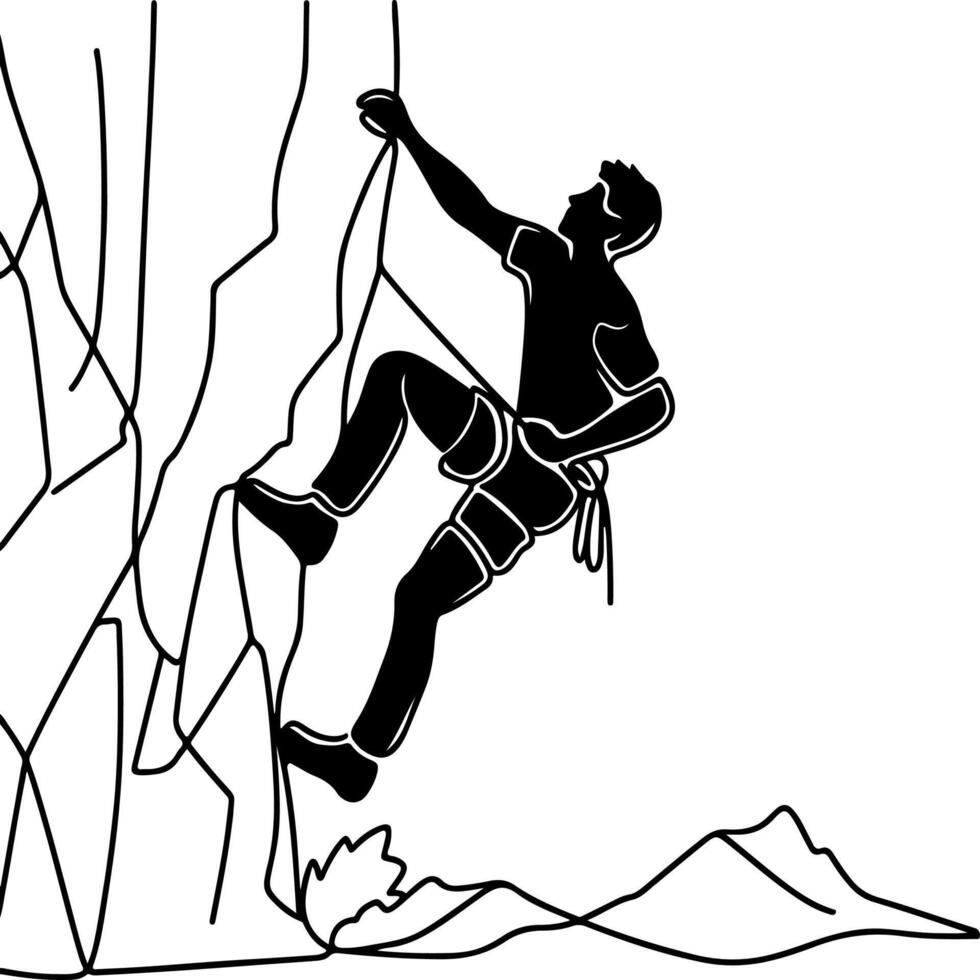 einer kontinuierlich schwarz Linie Zeichnung von Mann Felsen Klettern ein steil felsig Cliff Gekritzel linear Zeichnung Karikatur auf Weiß Hintergrund. vektor