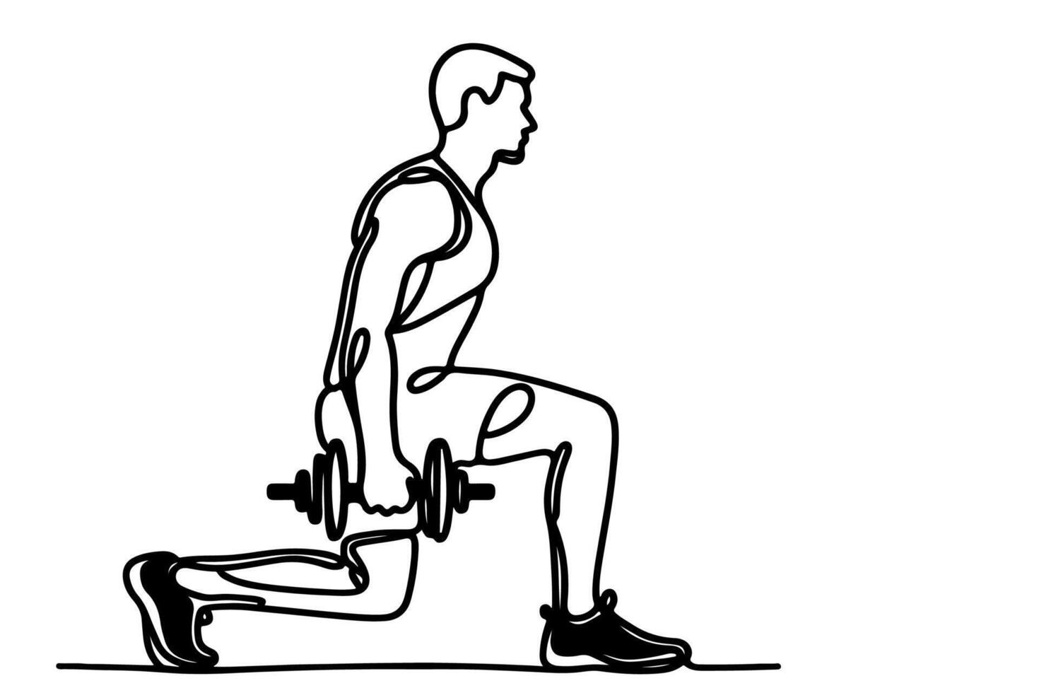 ett kontinuerlig svart linje teckning av man lyft barb med en tung vikt bar tyngdlyftning på Gym klotter linjär teckning tecknad serie på vit bakgrund vektor