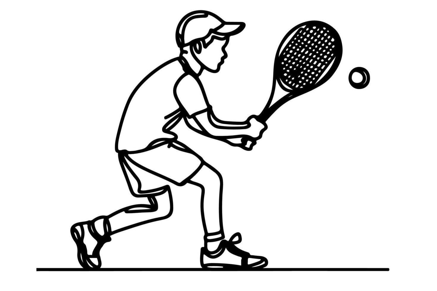 einer kontinuierlich schwarz Linie Hand Zeichnung von Kind spielen Tennis Gekritzel linear Zeichnung Mann Karikatur Spieler auf Weiß. vektor