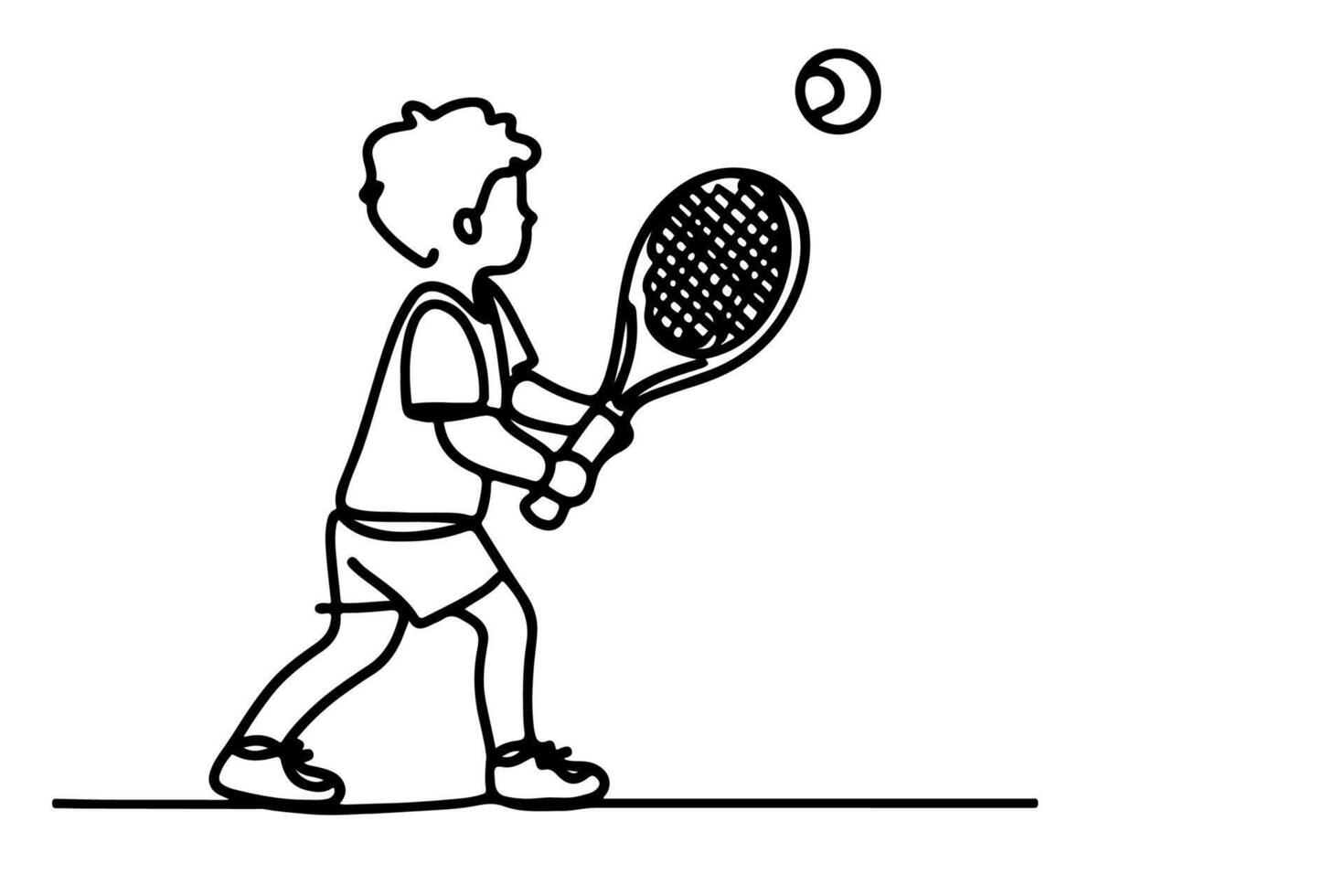 ett kontinuerlig svart linje hand teckning av barn spelar tennis klotter linjär teckning man tecknad serie spelare på vit. vektor