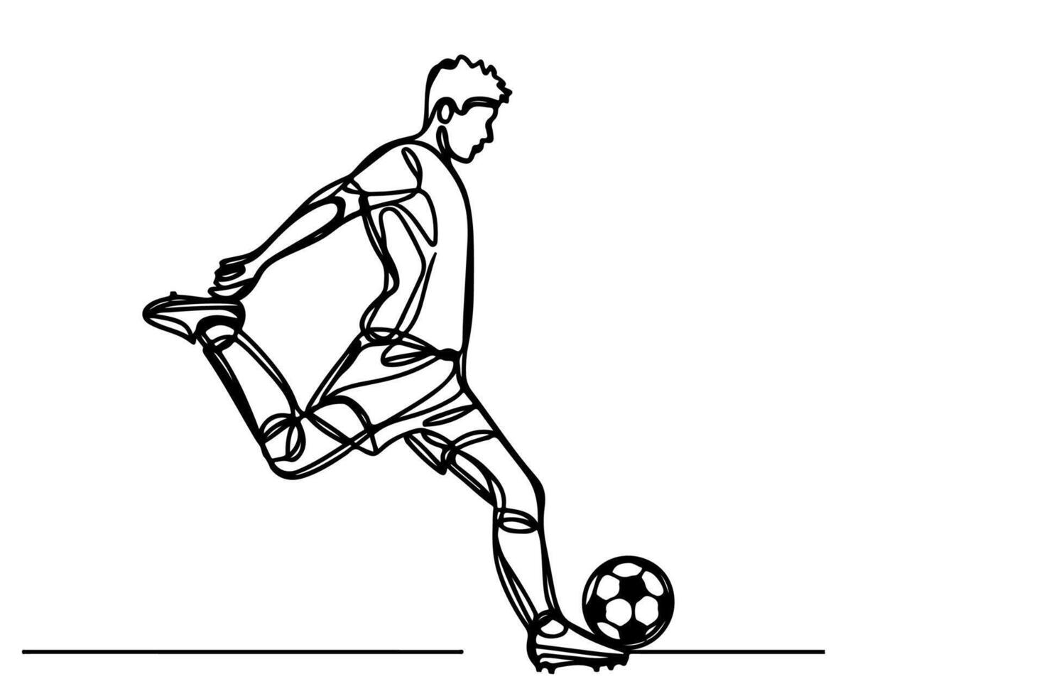 ett kontinuerlig svart linje teckning av man fotboll spelare ta en fri sparka på vit bakgrund klotter tecknad serie av sport översikt stil vektor
